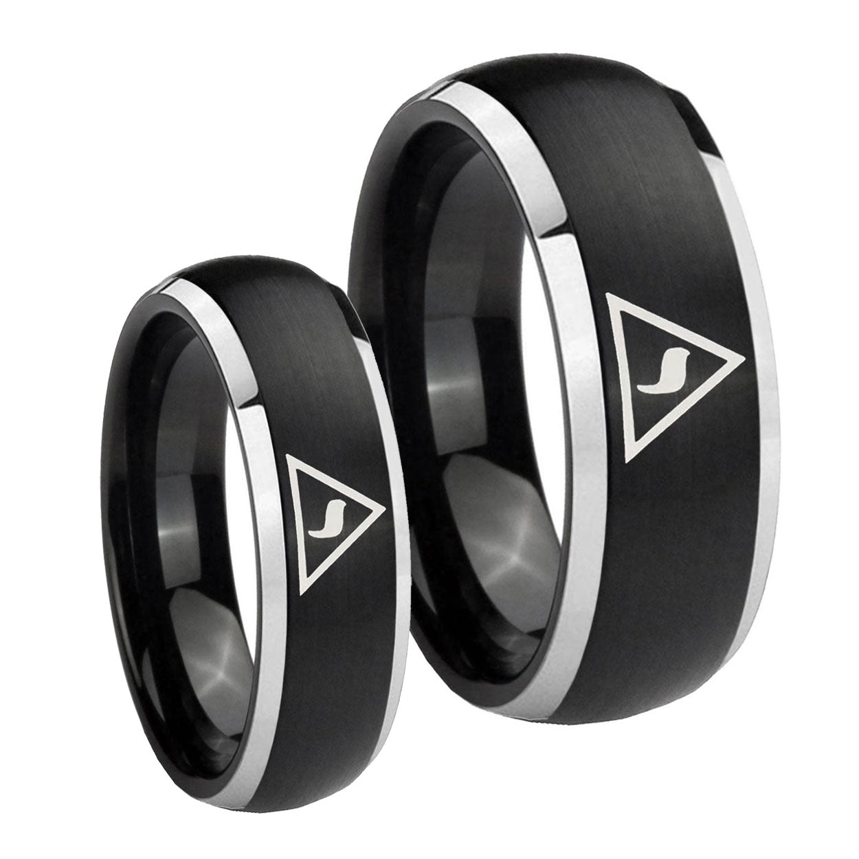 Masonic Yod Dome Brushed Black 2 Tone Tungsten Bridal Set Rings