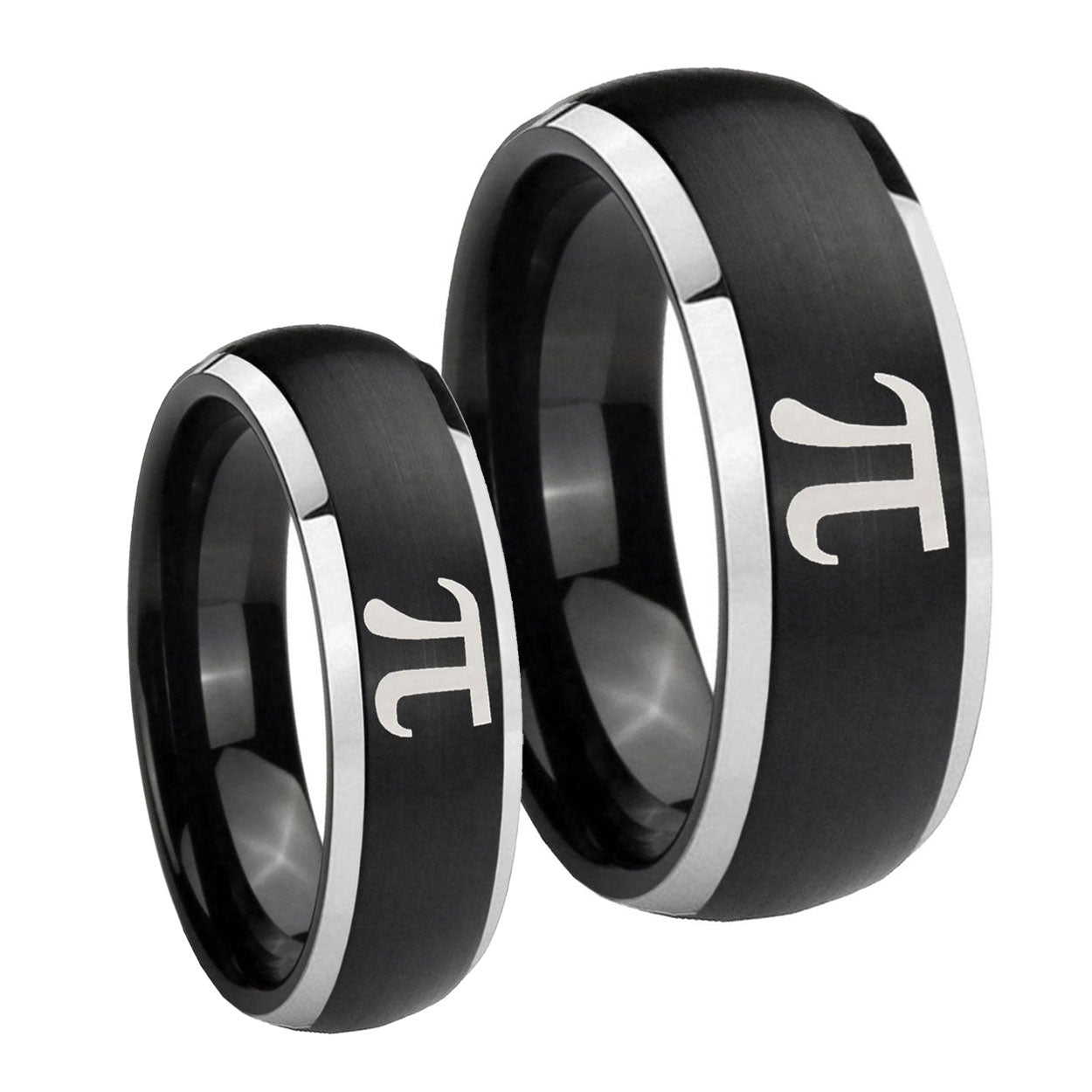 Math Pi Dome Brushed Black 2 Tone Tungsten Couples Ring Set