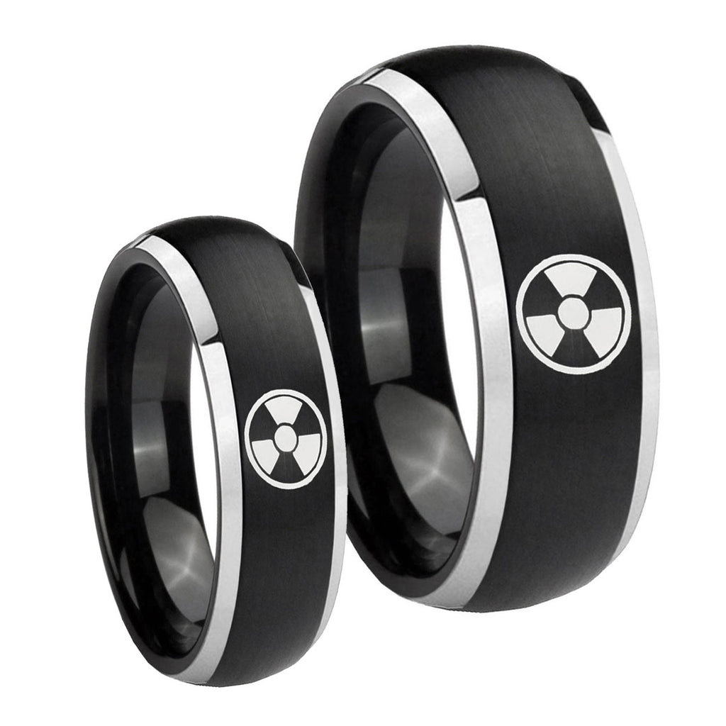 Radiation Dome Brushed Black 2 Tone Tungsten Wedding Set Rings