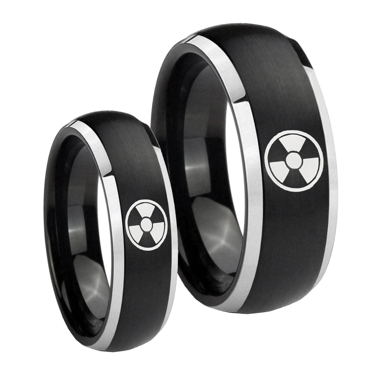 Radiation Dome Brushed Black 2 Tone Tungsten Wedding Set Rings