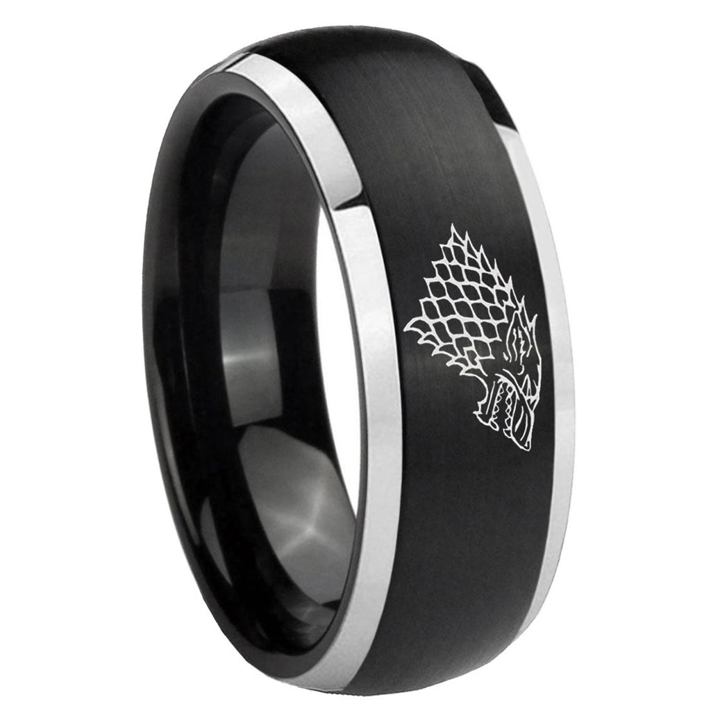 8mm Game Of Thrones House Stark Direwolf Dome Black 2 Tone Tungsten Ring