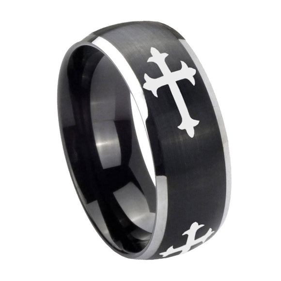 8mm-Christian-Cross-Religious-Dome-Brushed-Black-2-Tone-Tungsten-Custom-Mens-Ring