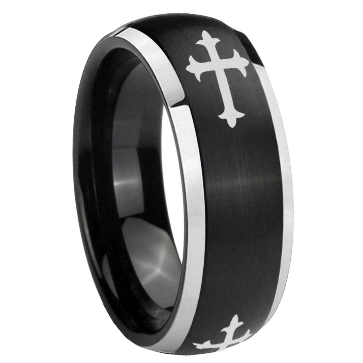 8mm Christian Cross Religious Dome Black 2 Tone Tungsten Ring