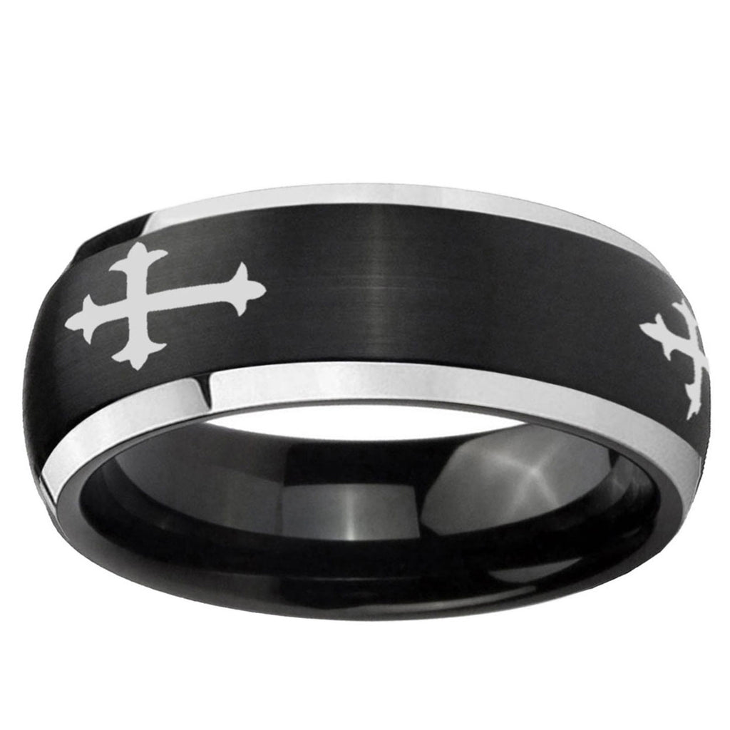 5mm Christian Cross Religious Dome Black 2 Tone Tungsten Ring