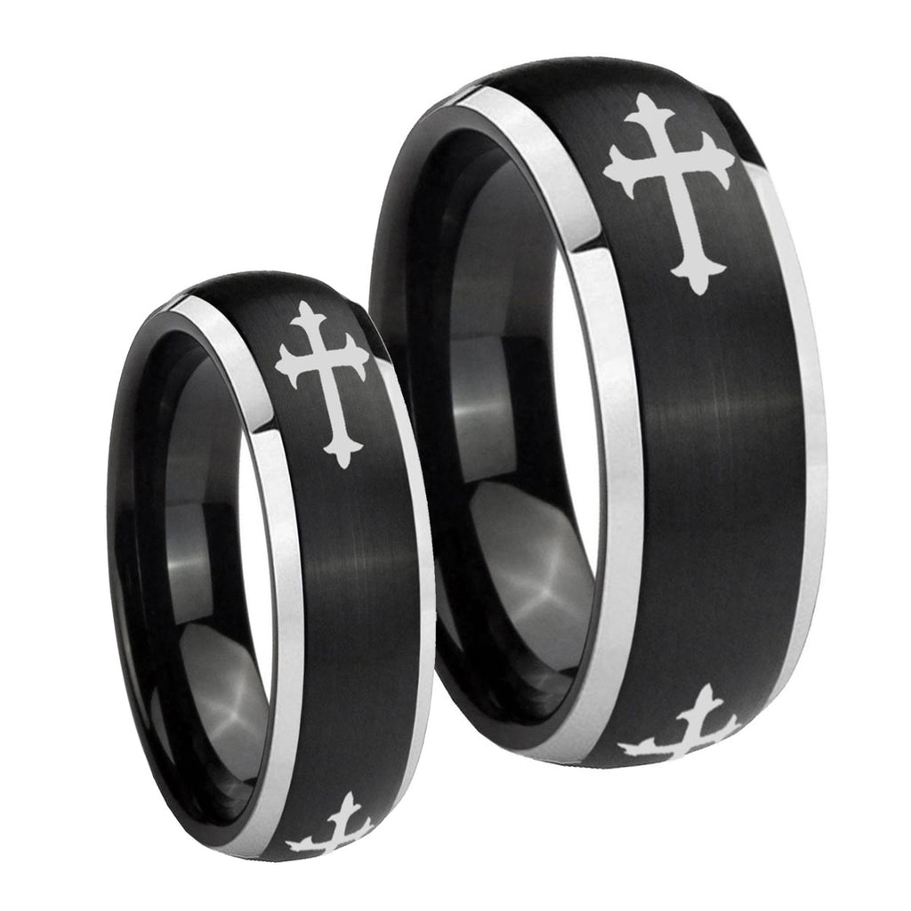 Christian Cross Religious Dome Brushed Black 2 Tone Tungsten His Hers Ring Set