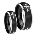 Christian Cross Religious Dome Brushed Black 2 Tone Tungsten His Hers Ring Set