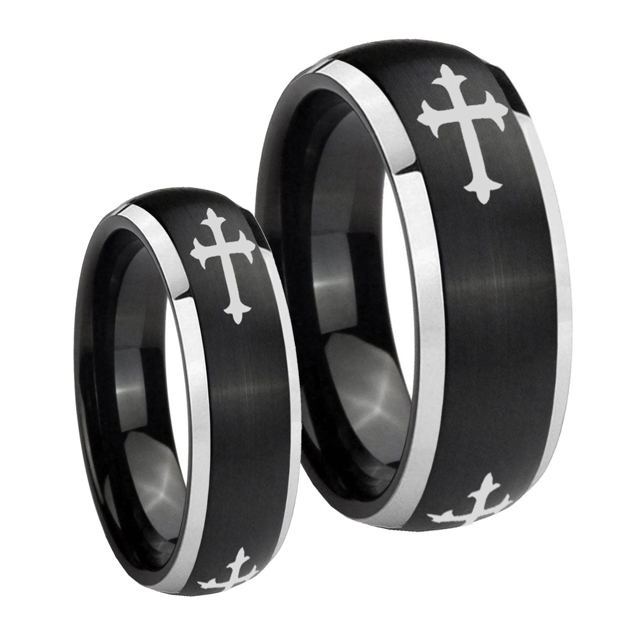 Christian Cross Religious Dome Brushed Black 2 Tone Tungsten His Hers Ring Set