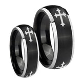 His Hers Christian Cross Religious Dome Brushed Black 2 Tone Tungsten Engraved Ring Set