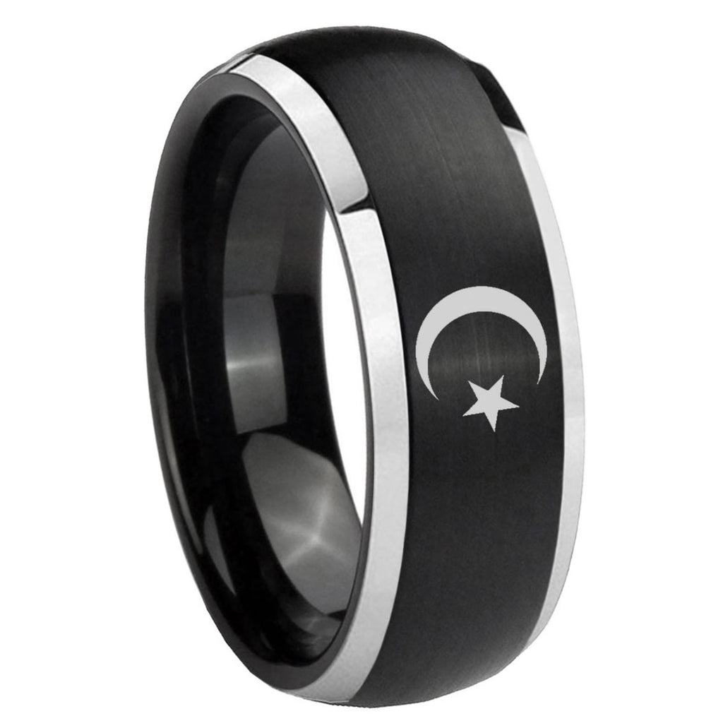 8mm Crescent Moon Stars Dome Black 2 Tone Tungsten Ring