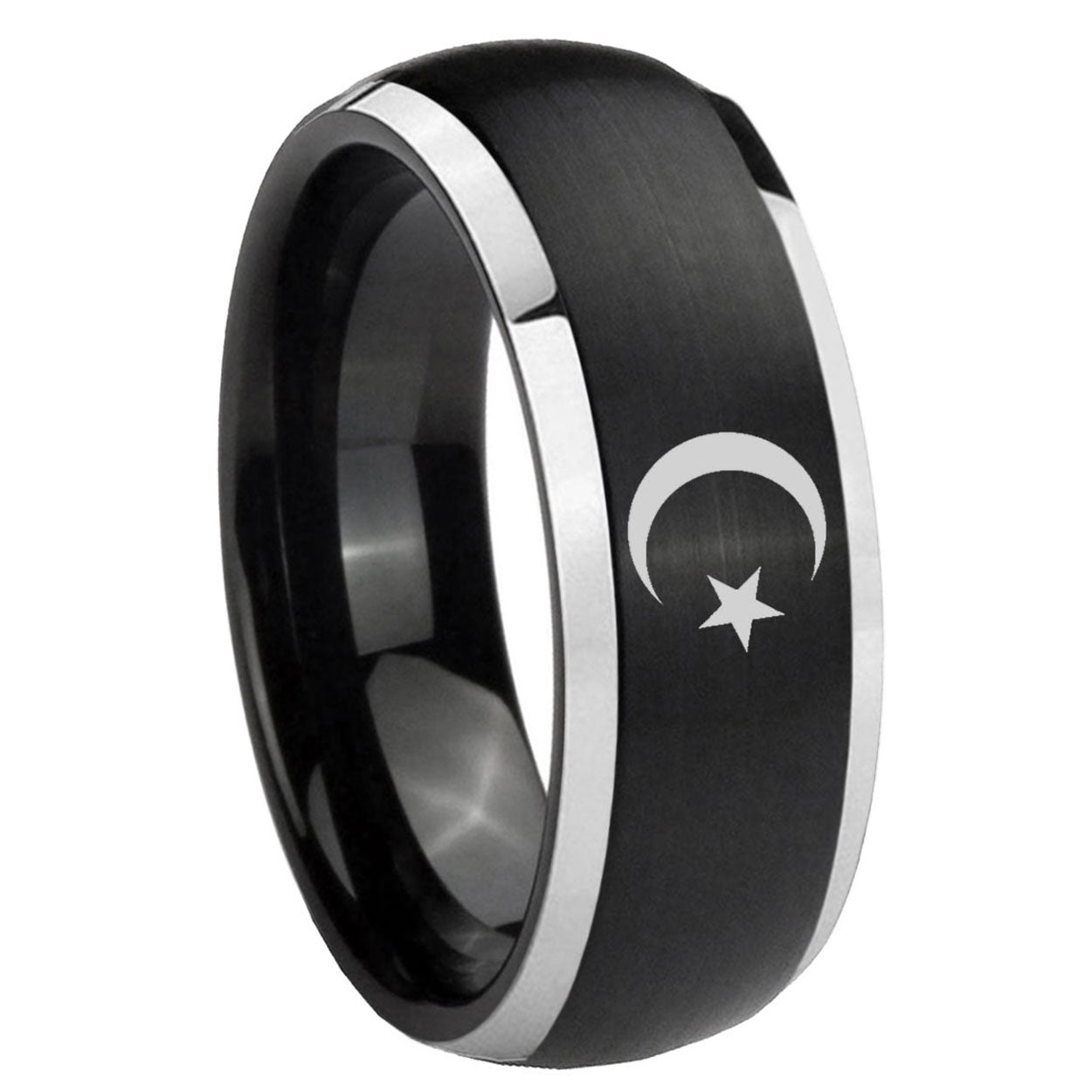 8mm Crescent Moon Stars Dome Black 2 Tone Tungsten Ring