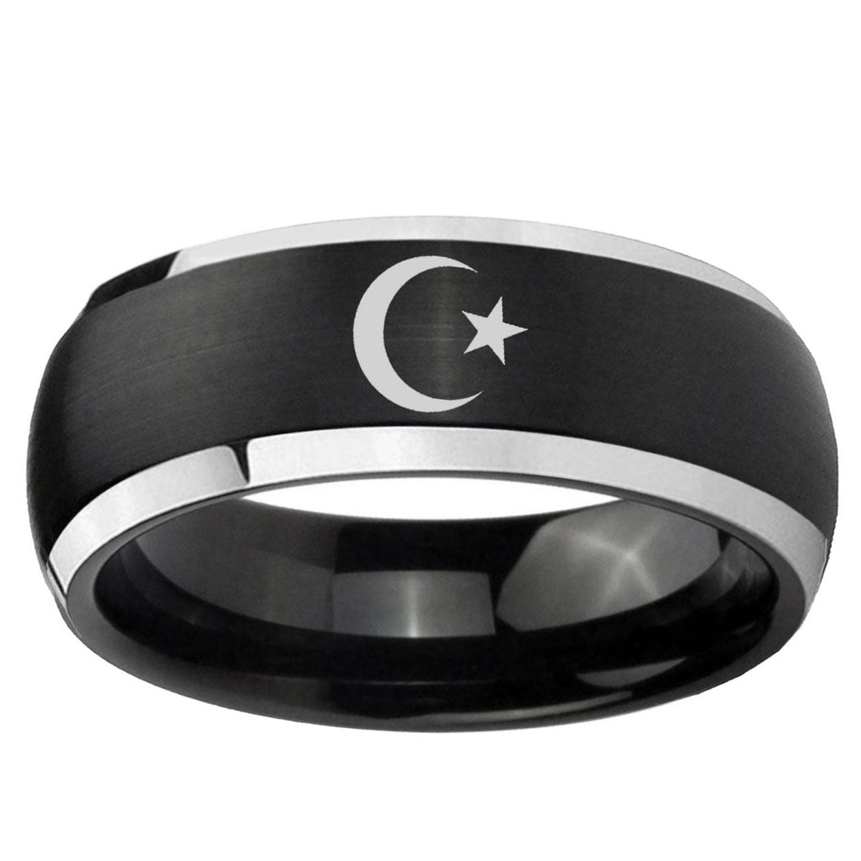 5mm Crescent Moon Stars Dome Black 2 Tone Tungsten Ring