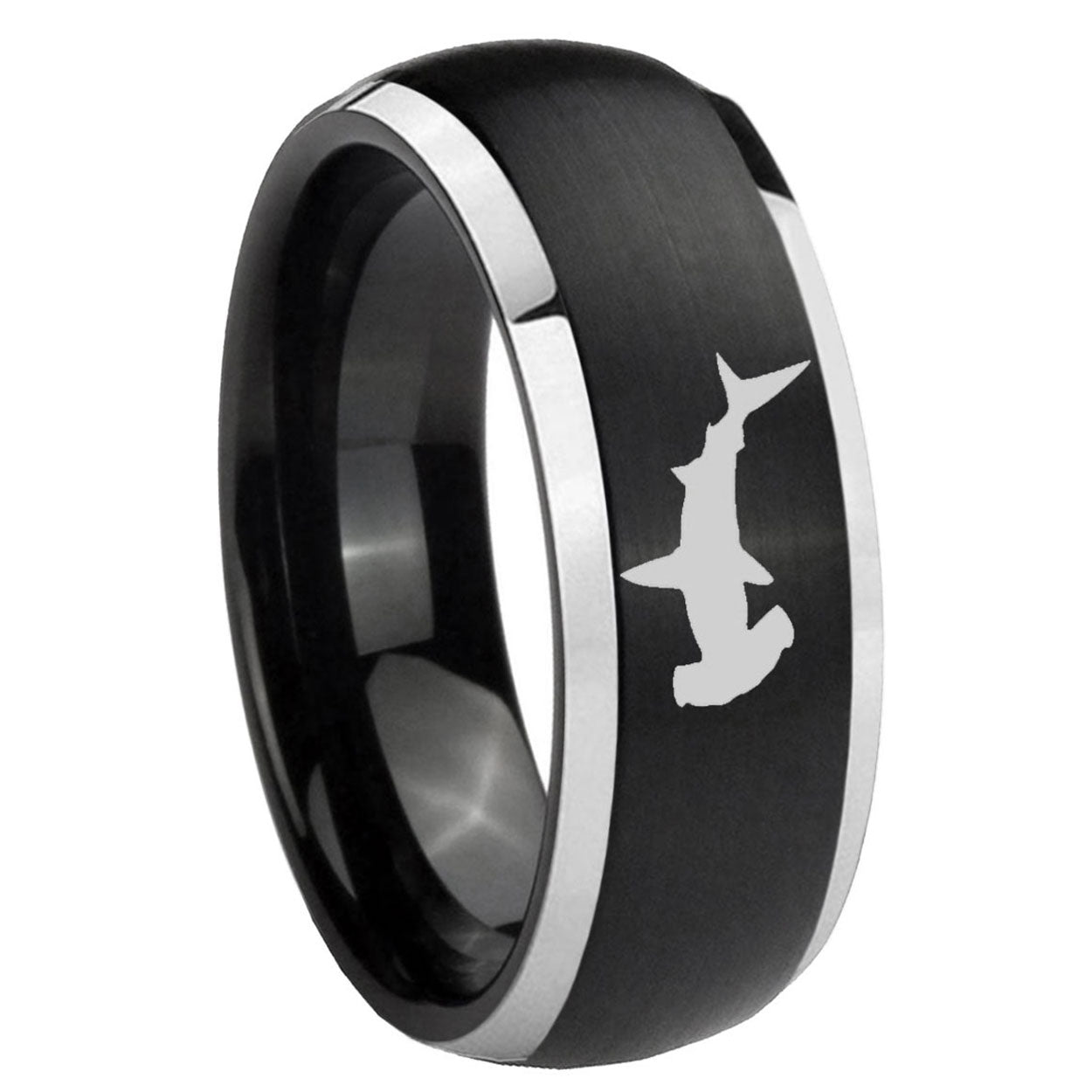 8mm Hammerhead Shark Dome Brushed Black 2 Tone Tungsten Ring