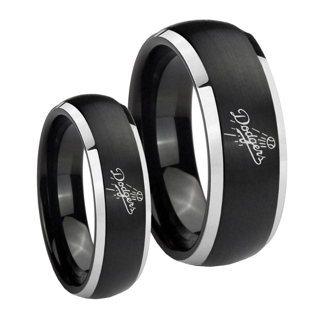 LA Dogers MLB Baseball Dome Brushed Black 2 Tone Tungsten Promise Ring Set
