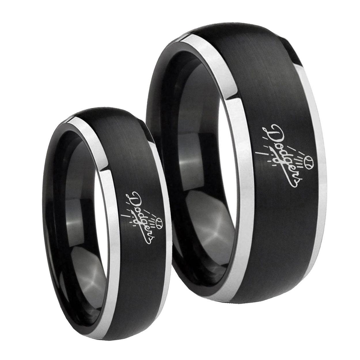 LA Dogers MLB Baseball Dome Brushed Black 2 Tone Tungsten Promise Ring Set