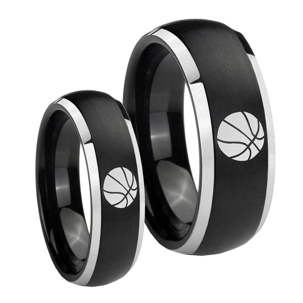 Basketball Dome Brushed Black 2 Tone Tungsten Couple Wedding Rings