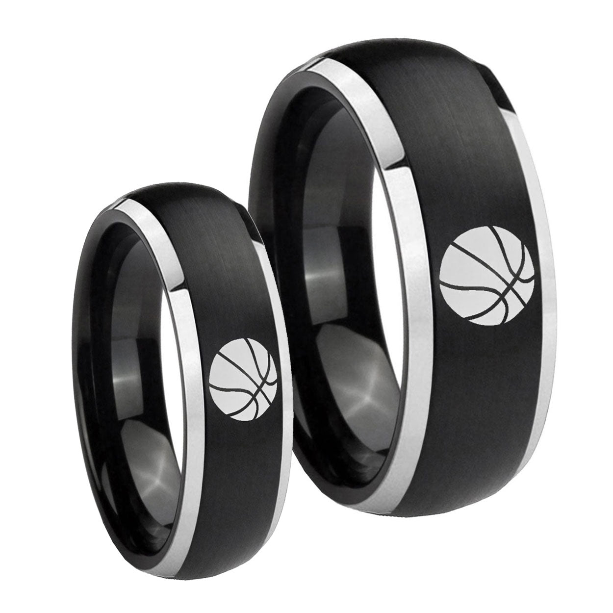 Basketball Dome Brushed Black 2 Tone Tungsten Couple Wedding Rings