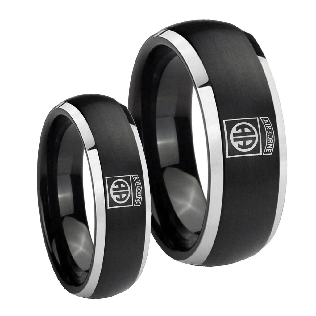 Army Airborn Dome Brushed Black 2 Tone Tungsten His Hers Set Rings