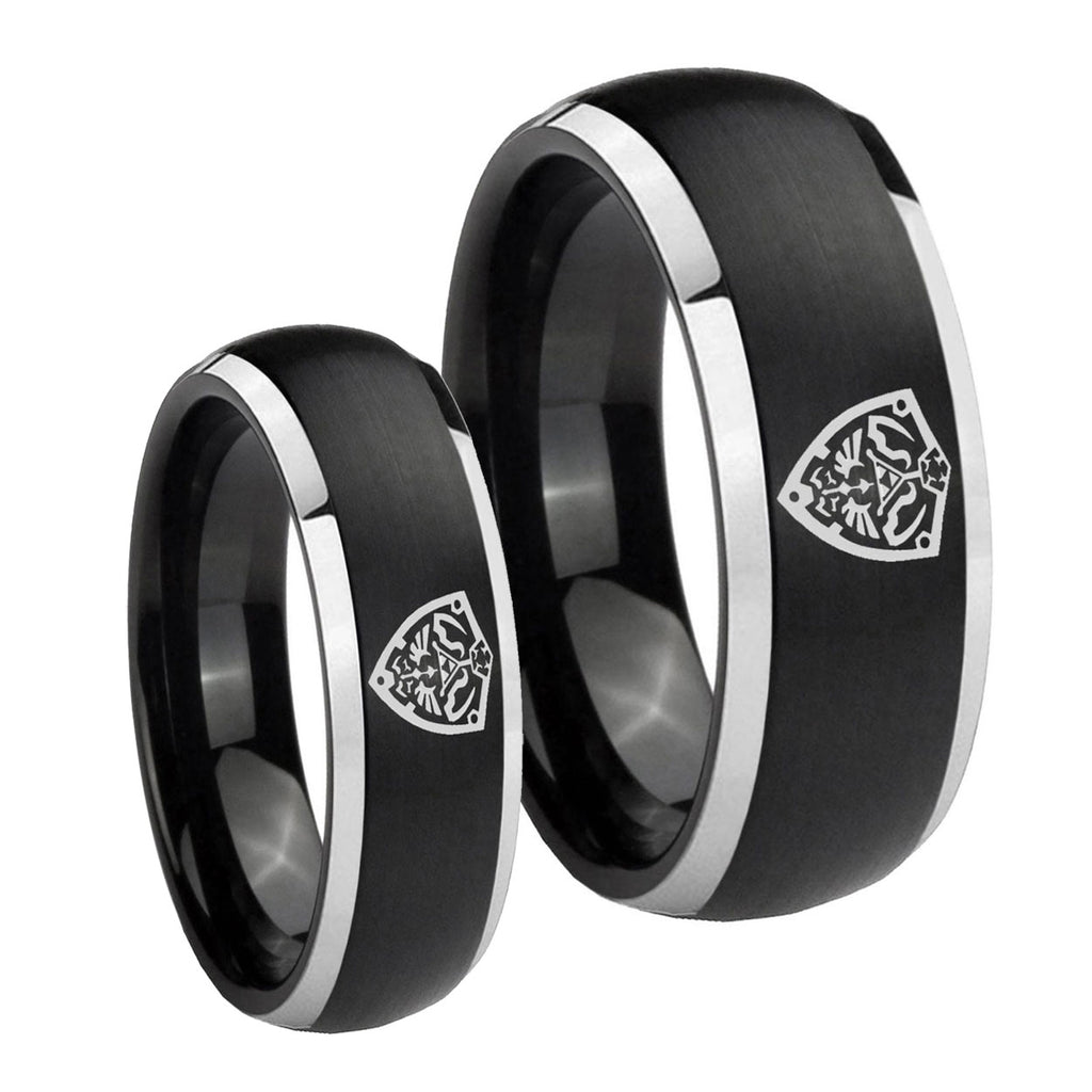 Zelda Hylian Shield Dome Brushed Black 2 Tone Tungsten Mens Ring Set