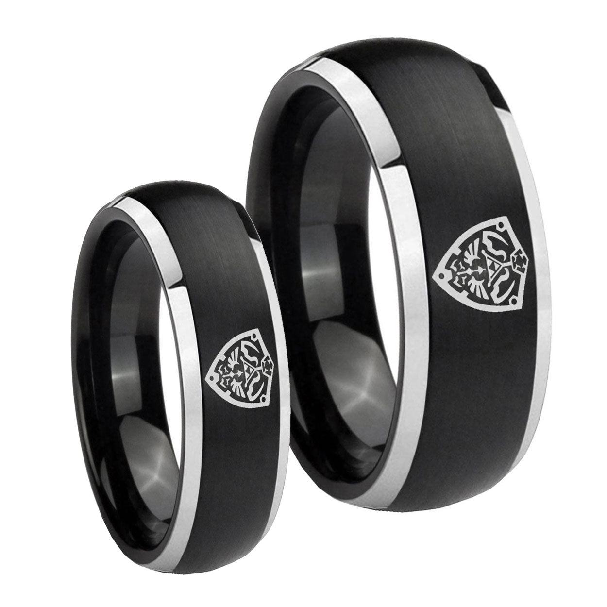 Zelda Hylian Shield Dome Brushed Black 2 Tone Tungsten Mens Ring Set