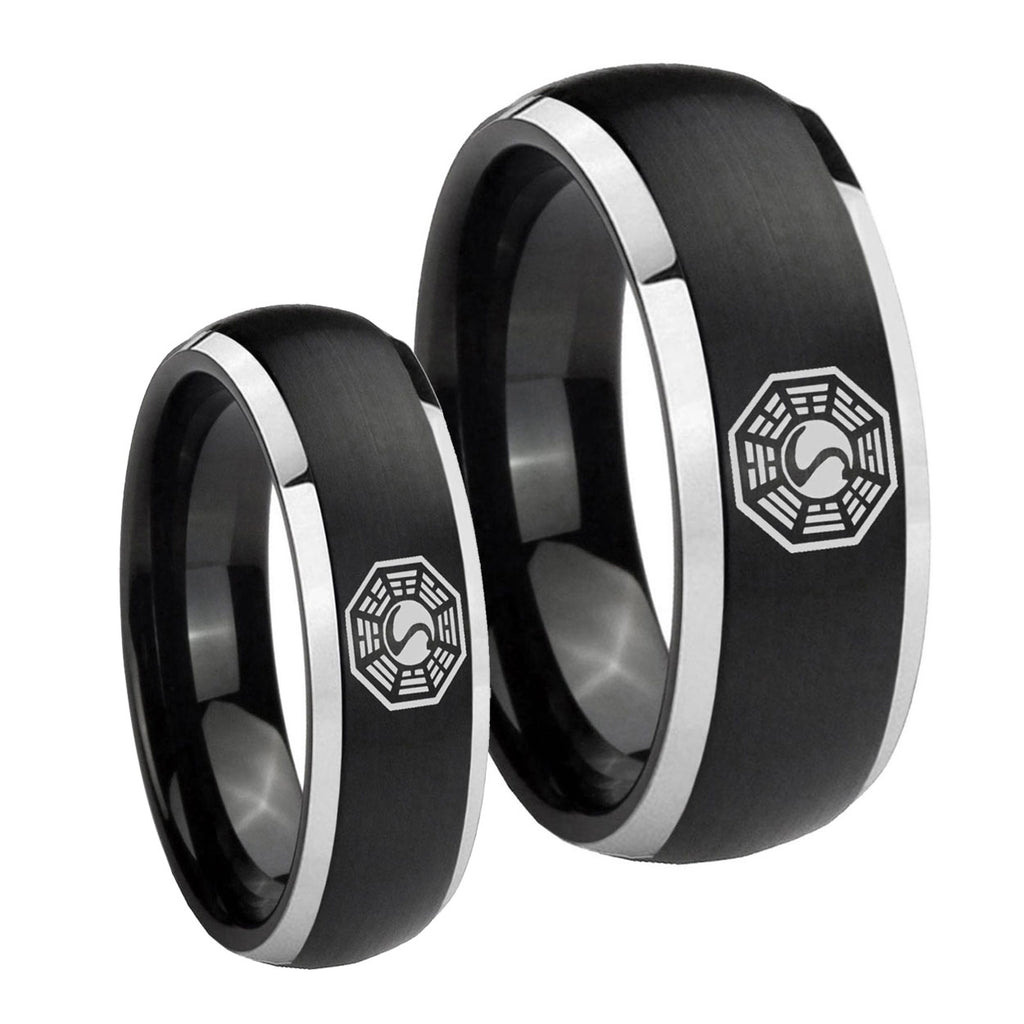 Lost Dharma Dome Brushed Black 2 Tone Tungsten Wedding Band Set