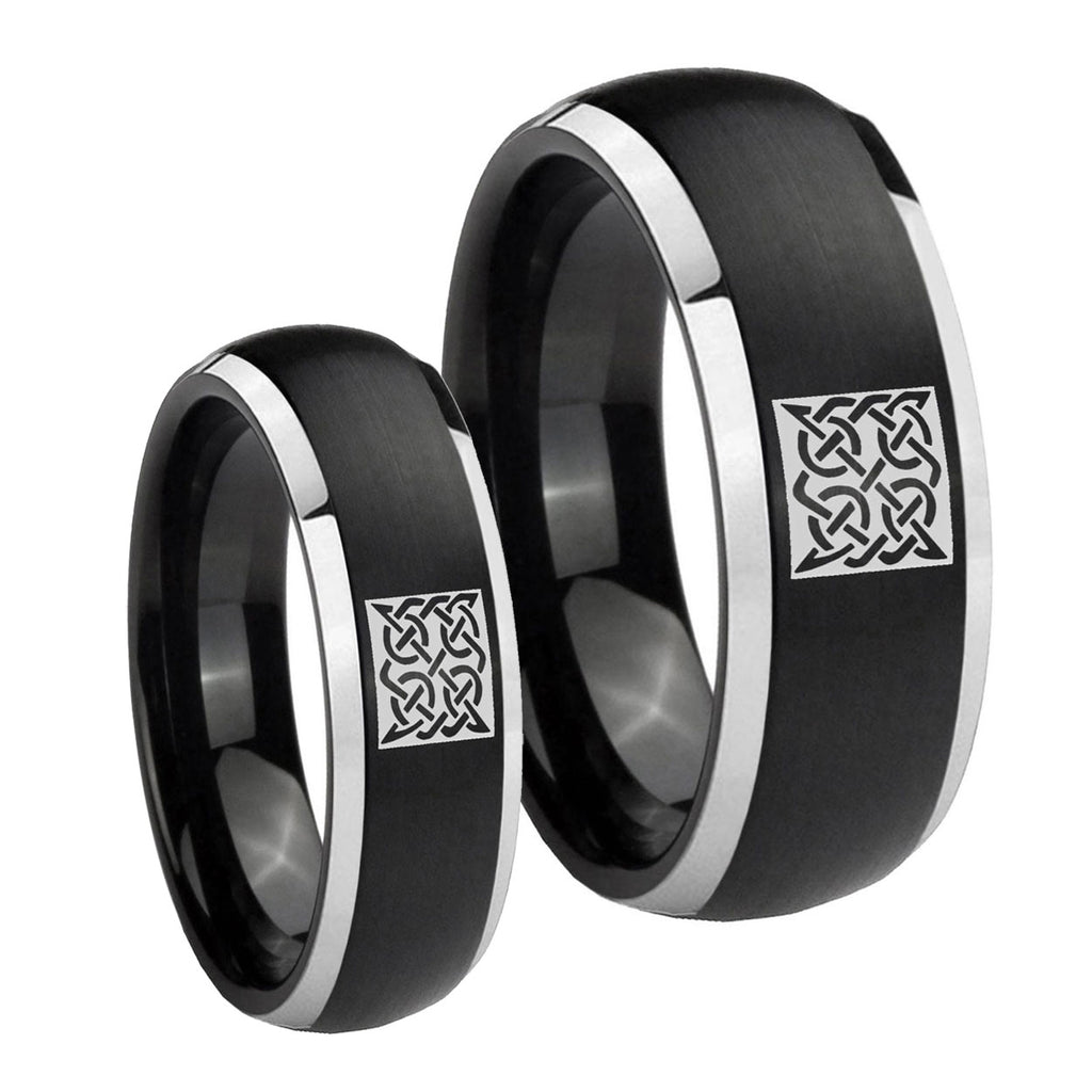 Celtic Design Dome Brushed Black 2 Tone Tungsten Mens Ring Set