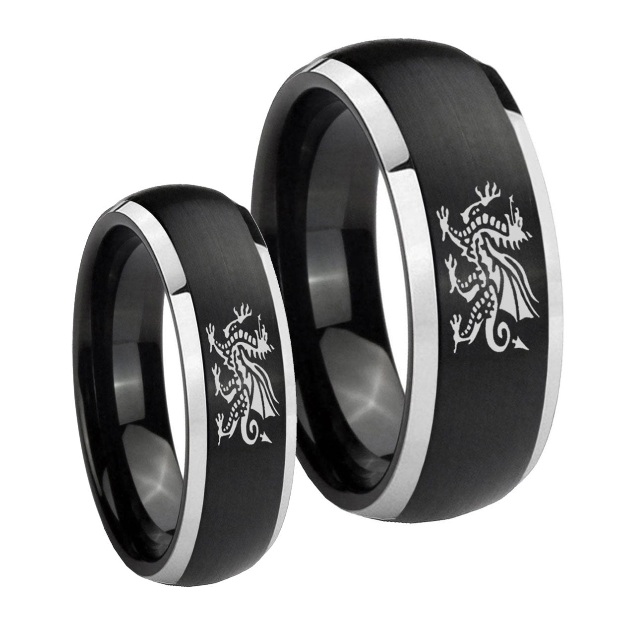 Dragon Dome Brushed Black 2 Tone Tungsten Mens Set Ring