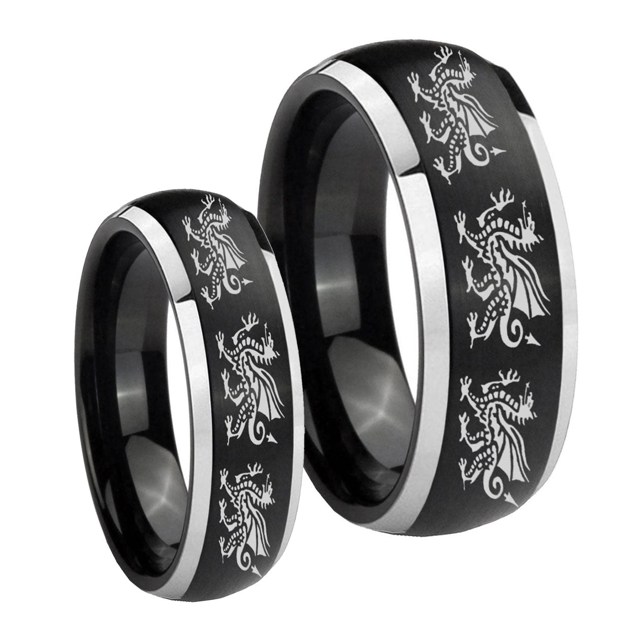 Multiple Dragon Dome Brushed Black 2 Tone Tungsten Couple Band Set