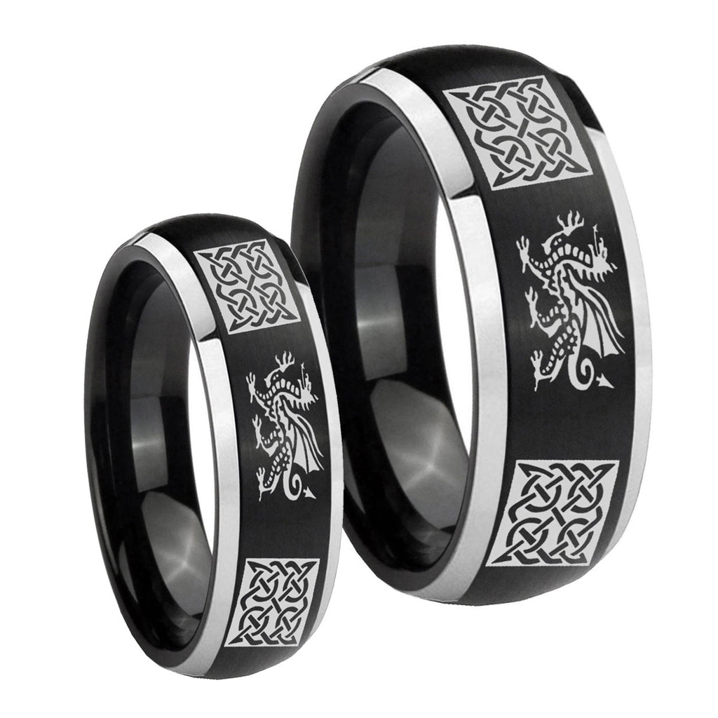Multiple Dragon Celtic Dome Brushed Black 2 Tone Tungsten Bridal Set Rings