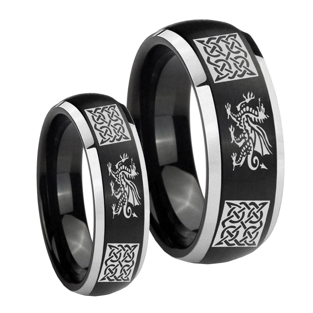 Multiple Dragon Celtic Dome Brushed Black 2 Tone Tungsten Bridal Set Rings
