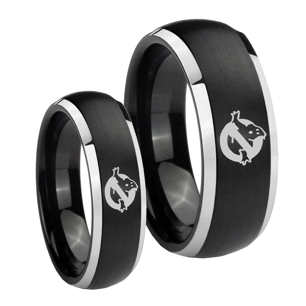 Ghostbusters Dome Brushed Black 2 Tone Tungsten Mens Set Ring