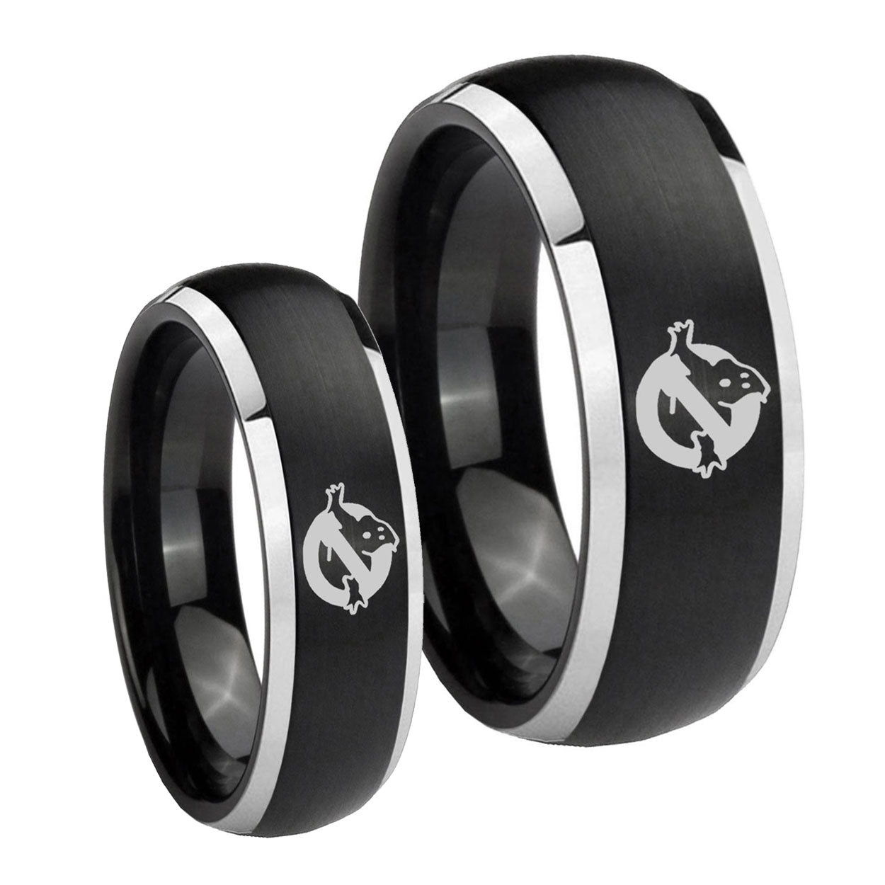 Ghostbusters Dome Brushed Black 2 Tone Tungsten Mens Set Ring