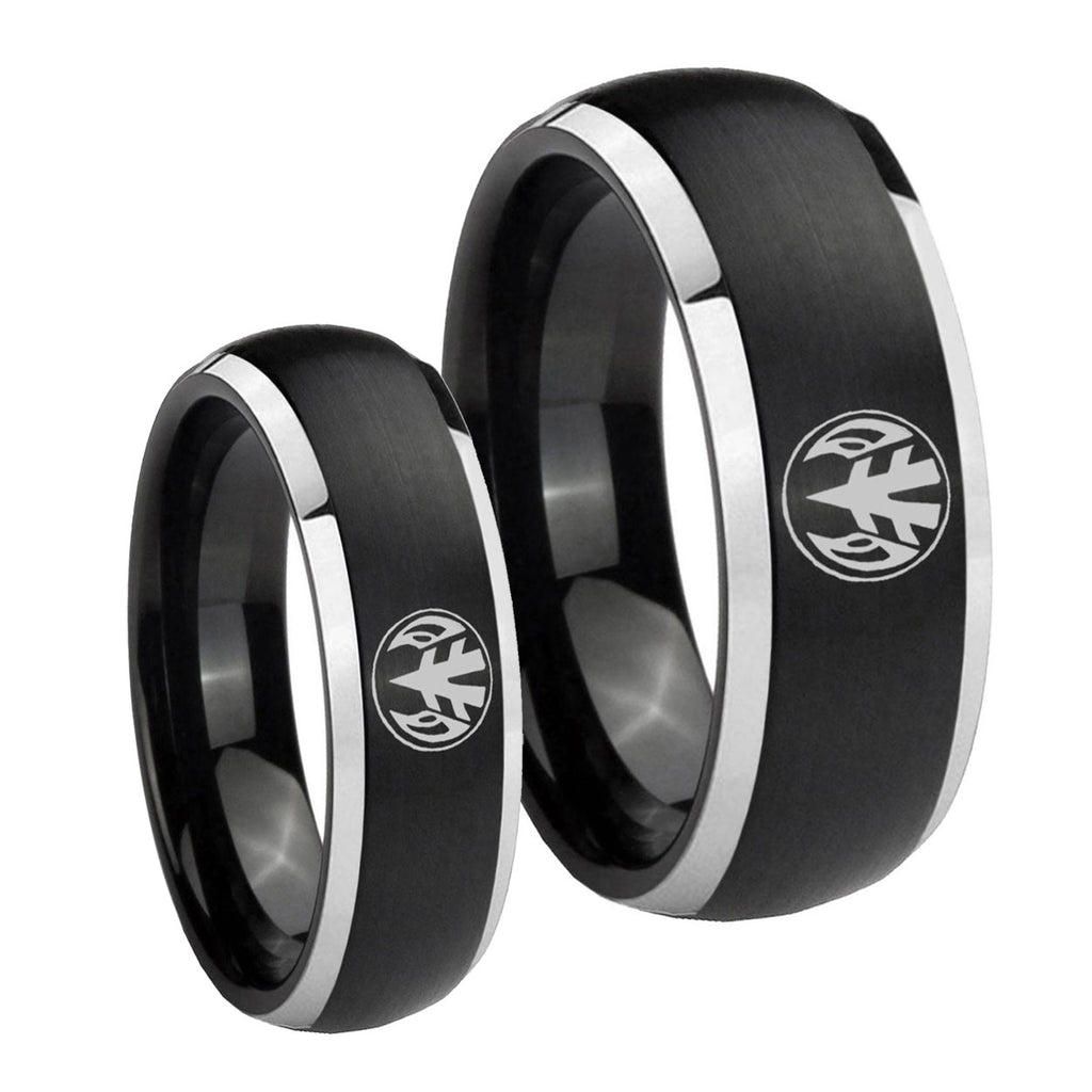 Love Power Rangers Dome Brushed Black 2 Tone Tungsten Matching Ring Set