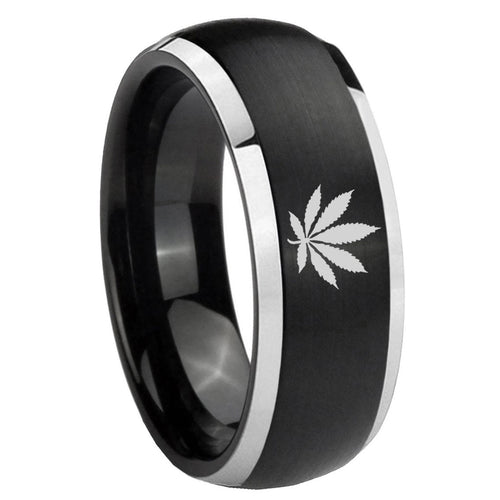 8mm Marijuana Leaf Dome Brushed Black 2 Tone Tungsten Ring