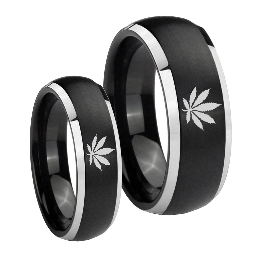 Marijuana Leaf Dome Brushed Black 2 Tone Tungsten Wedding Ring Set