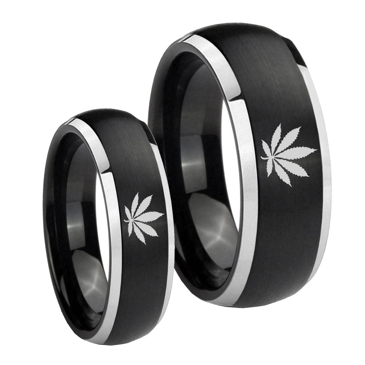 Marijuana Leaf Dome Brushed Black 2 Tone Tungsten Wedding Ring Set