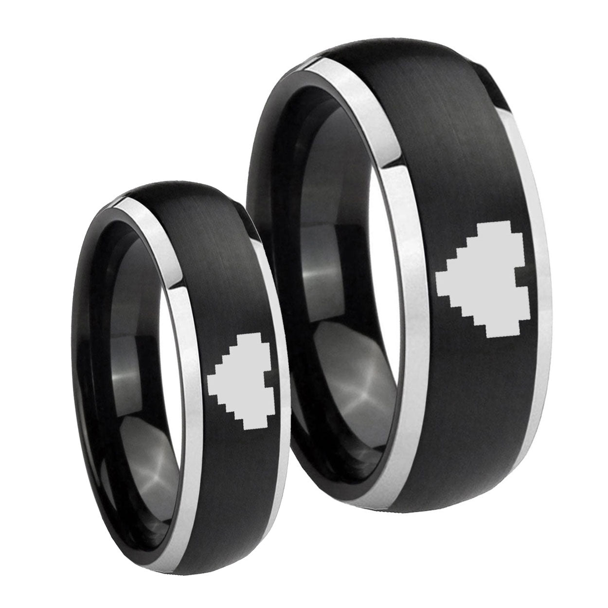 Matte Dome Zelda Heart Two Tone Tungsten Wedding Set Ring