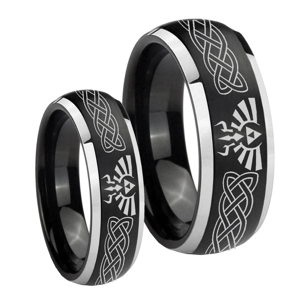 Celtic Zelda Dome Brushed Black 2 Tone Tungsten His Hers Set Rings