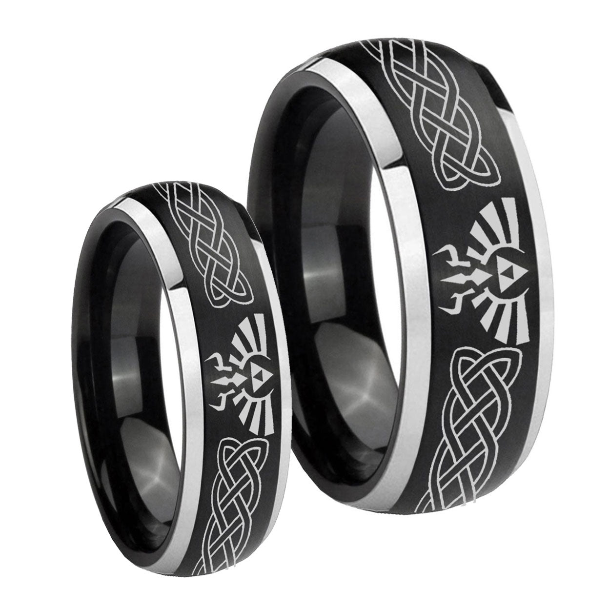 Celtic Zelda Dome Brushed Black 2 Tone Tungsten His Hers Set Rings