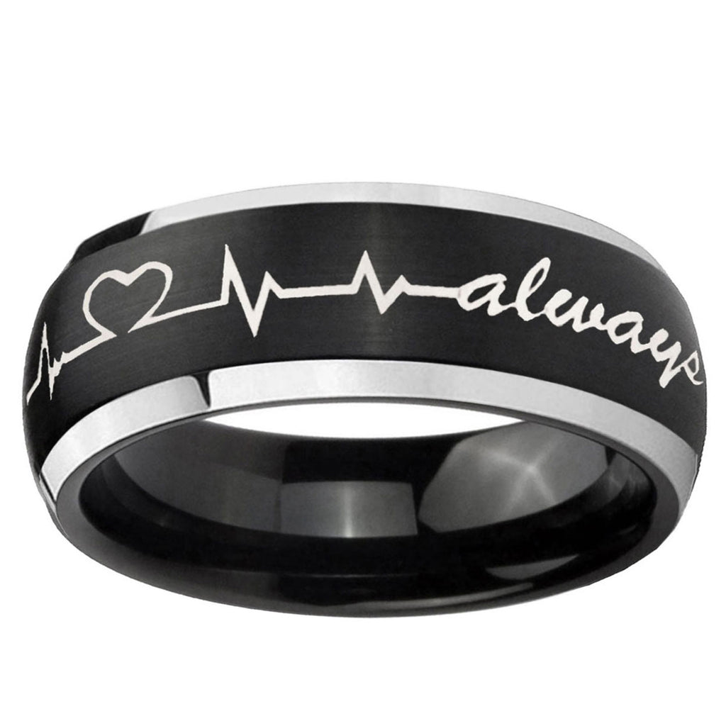 5mm Heart Beat forever Heart always Dome Black 2 Tone Tungsten Ring