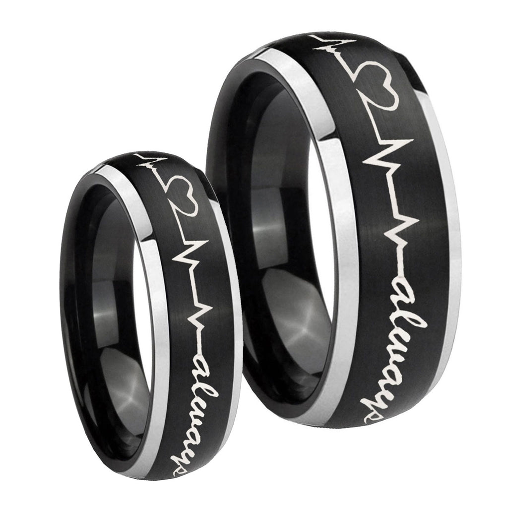 Heart Beat forever Heart always Dome Brushed Black 2 Tone Tungsten His and Hers