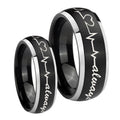 Heart Beat forever Heart always Dome Brushed Black 2 Tone Tungsten His and Hers
