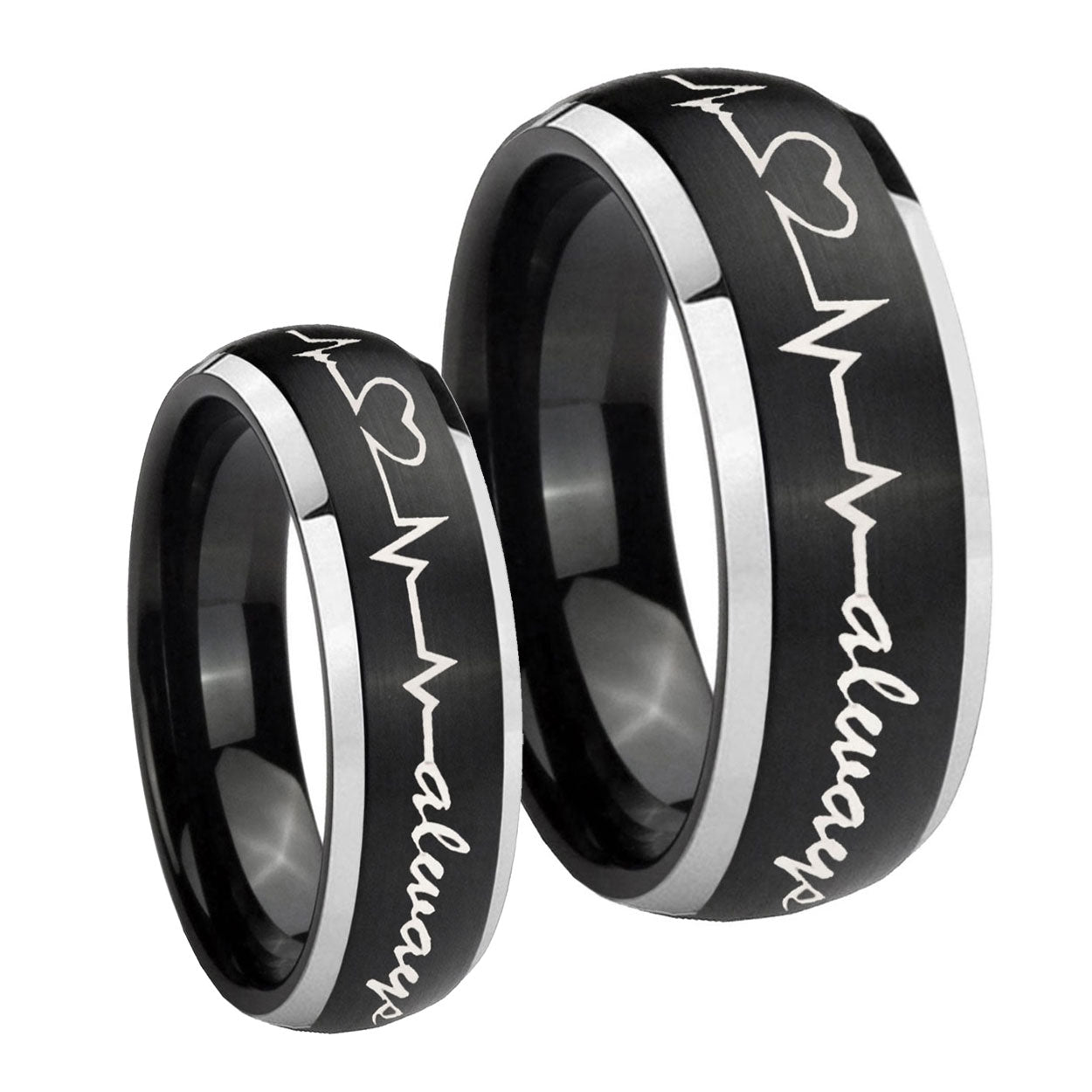 Heart Beat forever Heart always Dome Brushed Black 2 Tone Tungsten His and Hers