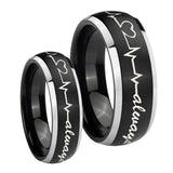 His Hers Heart Beat forever Heart always Dome Brushed Black 2 Tone Tungsten Mens Ring Set