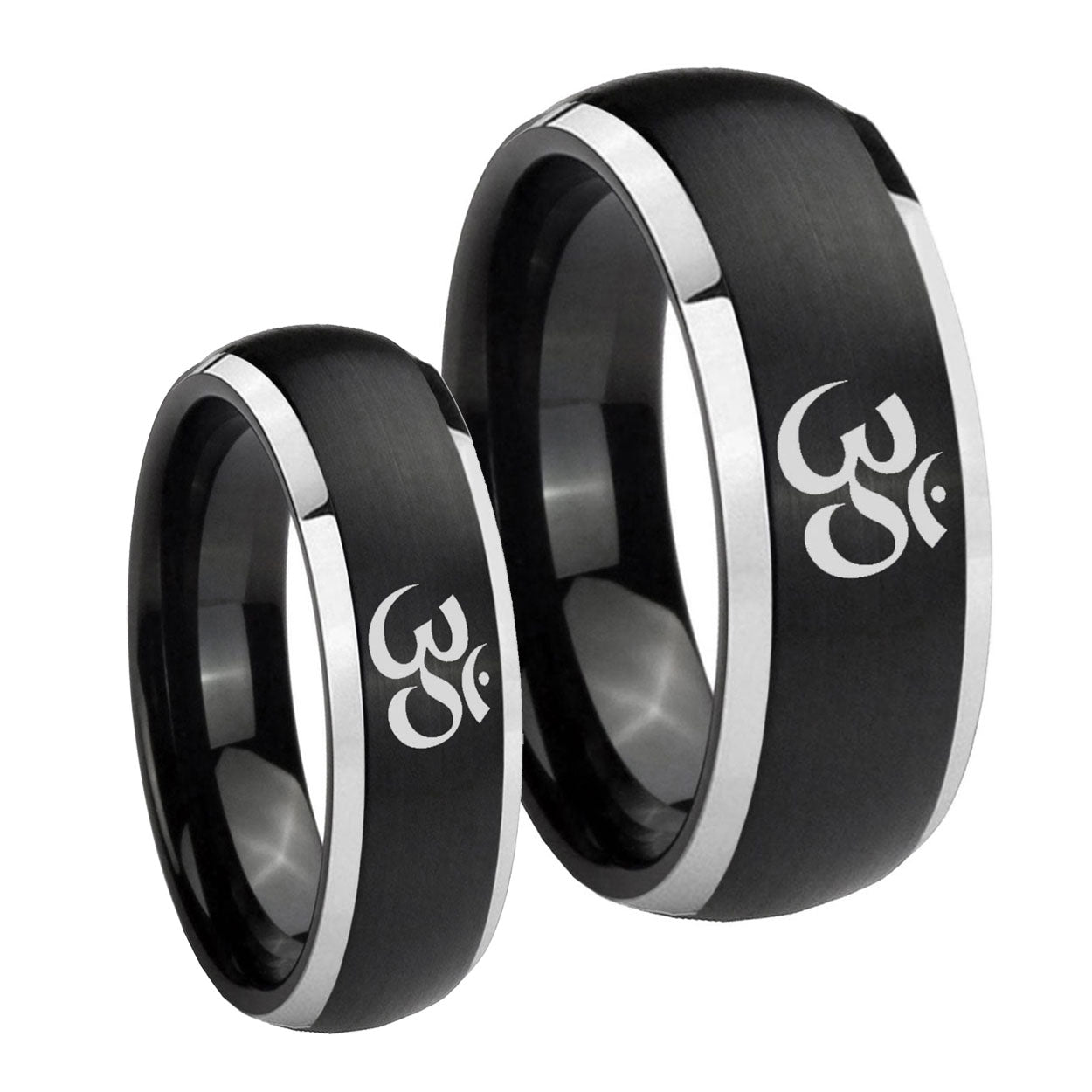 Om Aum Yoga Dome Brushed Black 2 Tone Tungsten Promise Ring Set