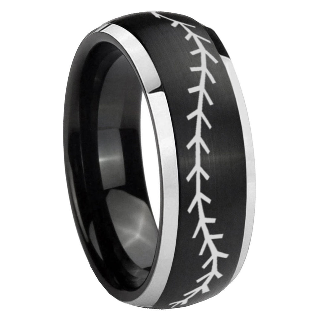8mm Baseball Stitch Dome Brushed Black 2 Tone Tungsten Ring