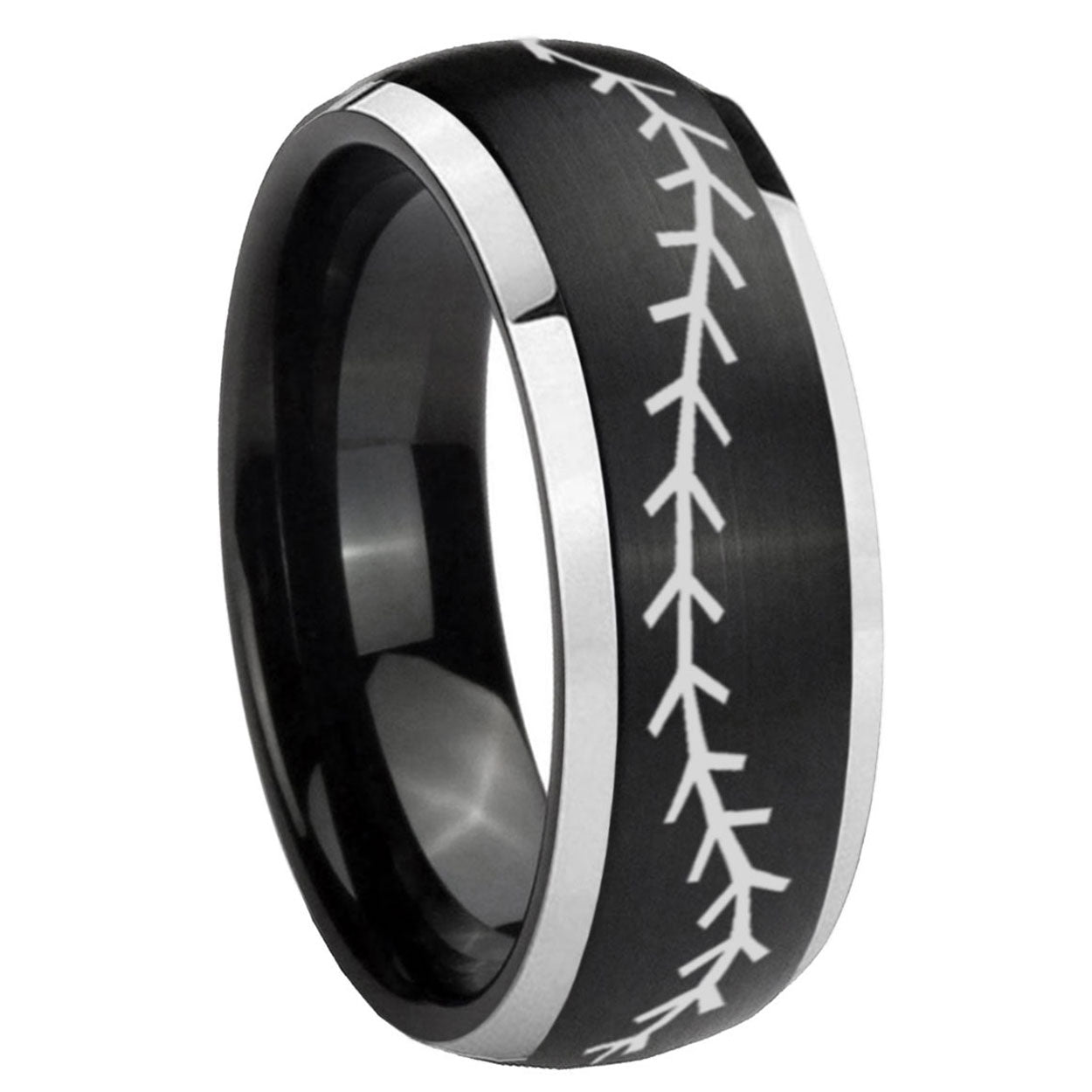8mm Baseball Stitch Dome Brushed Black 2 Tone Tungsten Ring