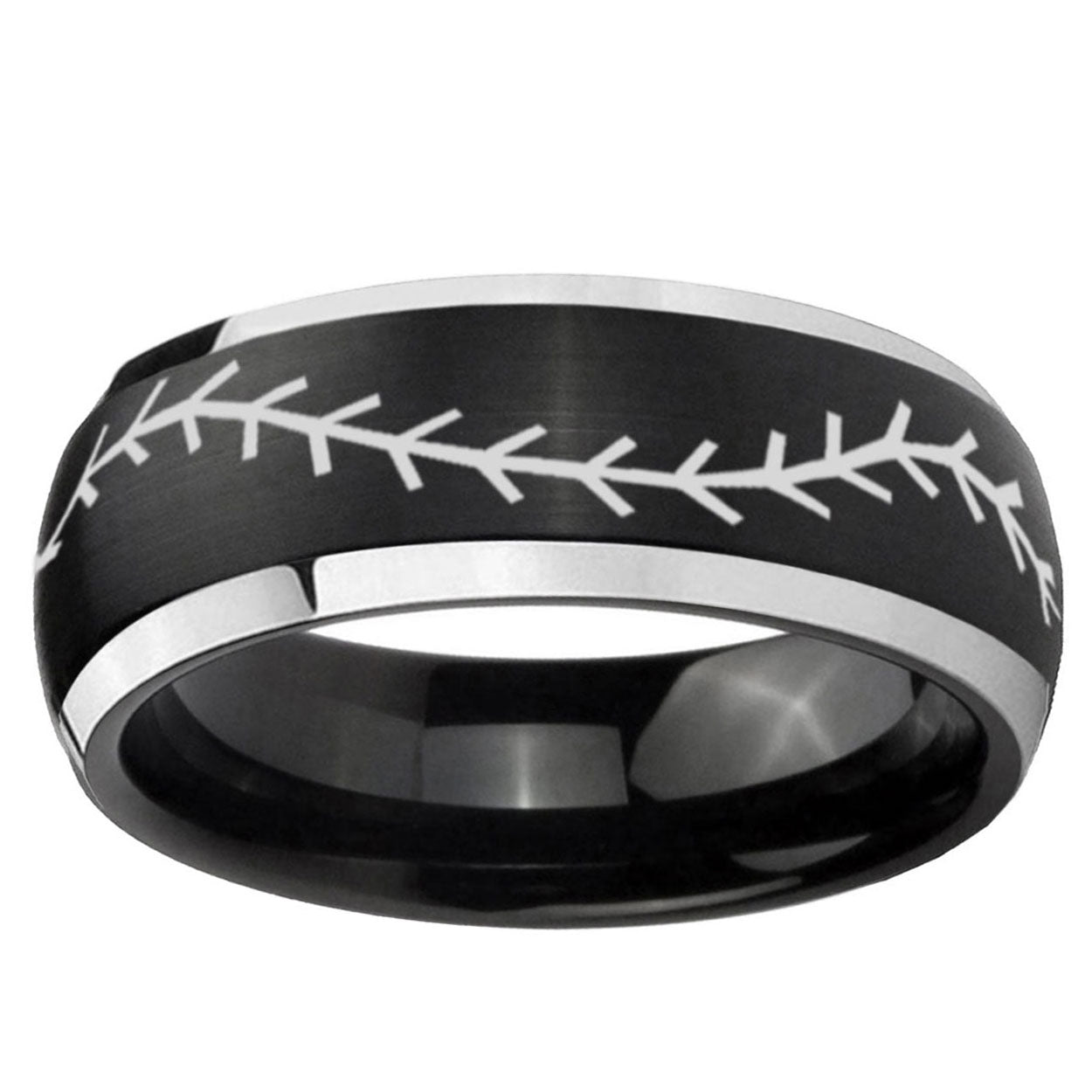 5mm Baseball Stitch Dome Brushed Black 2 Tone Tungsten Ring