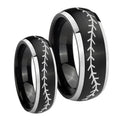 Baseball Stitch Dome Brushed Black 2 Tone Tungsten Wedding Ring Sets