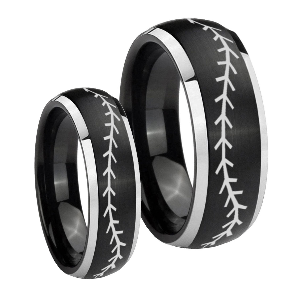 Baseball Stitch Dome Brushed Black 2 Tone Tungsten Wedding Ring Sets