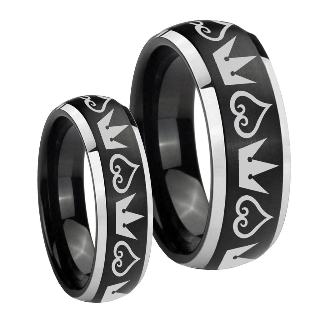 Hearts and Crowns Dome Brushed Black 2 Tone Tungsten Bridal Band Set